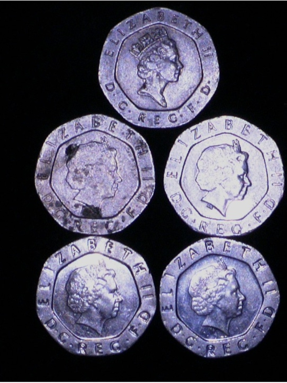 Set of Five British 20p Coins - Silver Tone